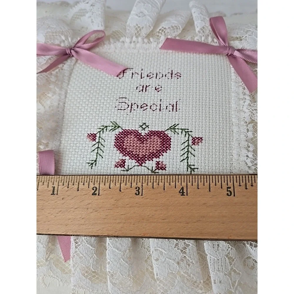 Vintage Eyelet Lace Throw Pillow Ivory Friends Handmade Pink Bows Embroidered